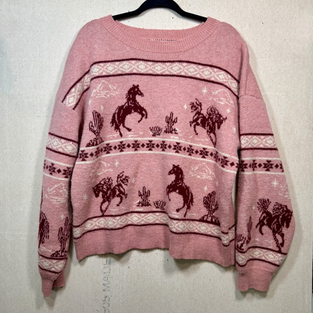 VeWn Pink Horse Cactus Western Fair Isle Knit Sweater 12W3406N Womens Medium